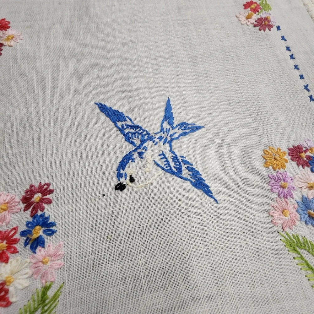Antique Hand Embroidered Table Runner Bluebird Floral Crochet Lace Trim 36x11
